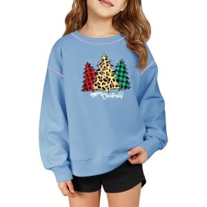 Haloumoning Girls Christmas Sweatshirt Kids Long Sleeve Crewneck Ugly Shirts Xmas Pullover Tops 5-14Y(Sky Blue)