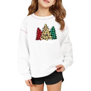 Haloumoning Girls Christmas Sweatshirt Kids Long Sleeve Crewneck Ugly Shirts Xmas Pullover Tops 5-14Y(White)