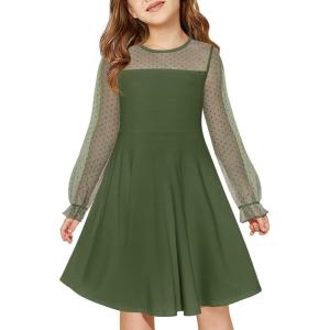 Haloumoning Girls Contrast Mesh Long Sleeve High Waist A Line Short Dress with Pockets 4-14 Years(Army Green)