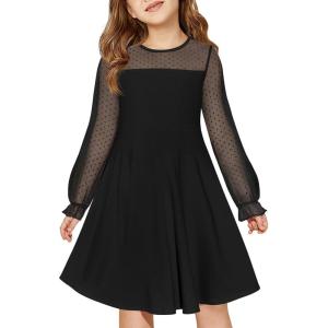 Haloumoning Girls Contrast Mesh Long Sleeve High Waist A Line Short Dress with Pockets 4-14 Years(Black)