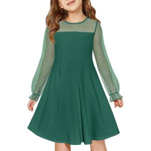 Haloumoning Girls Contrast Mesh Long Sleeve High Waist A Line Short Dress with Pockets 4-14 Years(Dark Green)