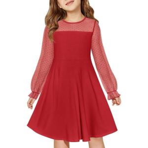 Haloumoning Girls Contrast Mesh Long Sleeve High Waist A Line Short Dress with Pockets 4-14 Years(Dark Red)