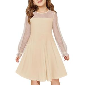 Haloumoning Girls Contrast Mesh Long Sleeve High Waist A Line Short Dress with Pockets 4-14 Years(Khaki)