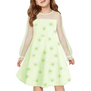 Haloumoning Girls Contrast Mesh Long Sleeve High Waist A Line Short Dress with Pockets 4-14 Years(Light Green)