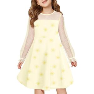 Haloumoning Girls Contrast Mesh Long Sleeve High Waist A Line Short Dress with Pockets 4-14 Years(Light Yellow)