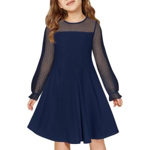 Haloumoning Girls Contrast Mesh Long Sleeve High Waist A Line Short Dress with Pockets 4-14 Years(Navy Blue)