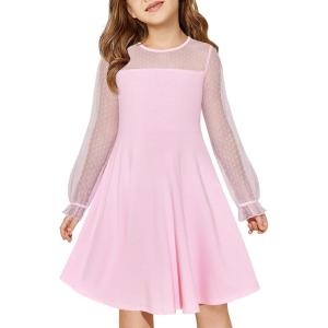 Haloumoning Girls Contrast Mesh Long Sleeve High Waist A Line Short Dress with Pockets 4-14 Years(Pink)