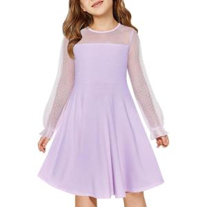 Haloumoning Girls Contrast Mesh Long Sleeve High Waist A Line Short Dress with Pockets 4-14 Years(Purple)