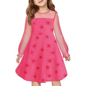 Haloumoning Girls Contrast Mesh Long Sleeve High Waist A Line Short Dress with Pockets 4-14 Years(Rose Red1)