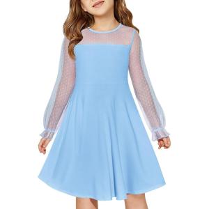 Haloumoning Girls Contrast Mesh Long Sleeve High Waist A Line Short Dress with Pockets 4-14 Years(Sky Blue)