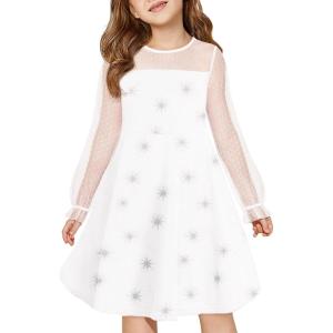 Haloumoning Girls Contrast Mesh Long Sleeve High Waist A Line Short Dress with Pockets 4-14 Years(White)