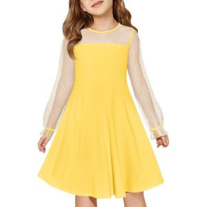 Haloumoning Girls Contrast Mesh Long Sleeve High Waist A Line Short Dress with Pockets 4-14 Years(Yellow)