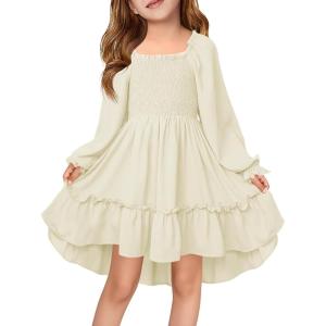 Haloumoning Girls Lantern Long Sleeve Dresses Kids Square Neck High Low Hem Smocked Fall Dress 5-14 Years(Beige)