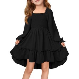 Haloumoning Girls Lantern Long Sleeve Dresses Kids Square Neck High Low Hem Smocked Fall Dress 5-14 Years(Black)