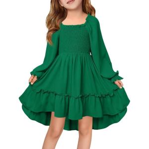 Haloumoning Girls Lantern Long Sleeve Dresses Kids Square Neck High Low Hem Smocked Fall Dress 5-14 Years(Dark Green)