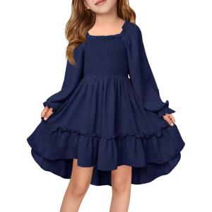 Haloumoning Girls Lantern Long Sleeve Dresses Kids Square Neck High Low Hem Smocked Fall Dress 5-14 Years(Navy Blue)
