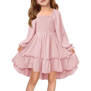 Haloumoning Girls Lantern Long Sleeve Dresses Kids Square Neck High Low Hem Smocked Fall Dress 5-14 Years(Pink)