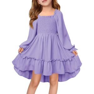 Haloumoning Girls Lantern Long Sleeve Dresses Kids Square Neck High Low Hem Smocked Fall Dress 5-14 Years(Purple)