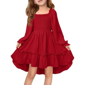Haloumoning Girls Lantern Long Sleeve Dresses Kids Square Neck High Low Hem Smocked Fall Dress 5-14 Years(Wine Red)