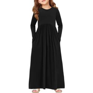 Haloumoning Girls Maxi Dress Long Sleeve Casual Holiday Dress with Pockets for 5-14 Years(Black)