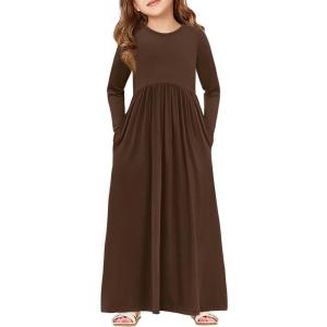Haloumoning Girls Maxi Dress Long Sleeve Casual Holiday Dress with Pockets for 5-14 Years(Brown)