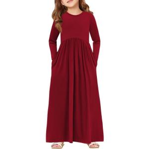 Haloumoning Girls Maxi Dress Long Sleeve Casual Holiday Dress with Pockets for 5-14 Years(Burgundy)