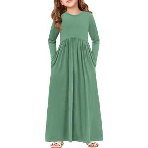 Haloumoning Girls Maxi Dress Long Sleeve Casual Holiday Dress with Pockets for 5-14 Years(Dark Green)