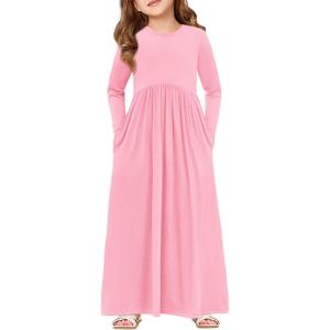 Haloumoning Girls Maxi Dress Long Sleeve Casual Holiday Dress with Pockets for 5-14 Years(Pink)