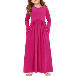 Haloumoning Girls Maxi Dress Long Sleeve Casual Holiday Dress with Pockets for 5-14 Years(Rose Red)