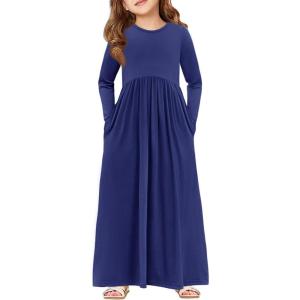 Haloumoning Girls Maxi Dress Long Sleeve Casual Holiday Dress with Pockets for 5-14 Years(Z- Navy Blue)