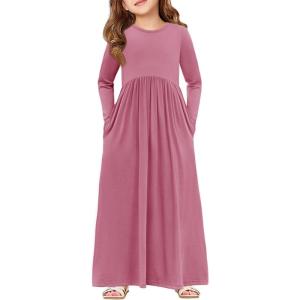 Haloumoning Girls Maxi Dress Long Sleeve Casual Holiday Dress with Pockets for 5-14 Years(Z- Pink Red)