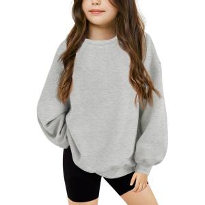 Haloumoning Girls Oversized Crewneck Sweatshirts Kids Fashion Fleece Drop Shoulder Pullover 5-14 Years(Grey)