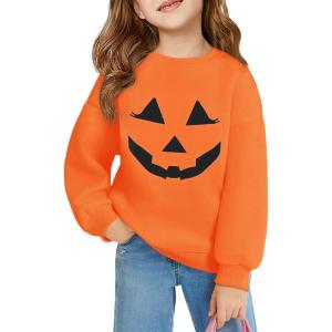 Haloumoning Girls Oversized Crewneck Sweatshirts Kids Fashion Fleece Drop Shoulder Pullover 5-14 Years(Halloween-orange)