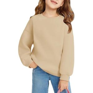Haloumoning Girls Oversized Crewneck Sweatshirts Kids Fashion Fleece Drop Shoulder Pullover 5-14 Years(Khaki)