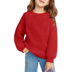 Haloumoning Girls Oversized Crewneck Sweatshirts Kids Fashion Fleece Drop Shoulder Pullover 5-14 Years(Red)