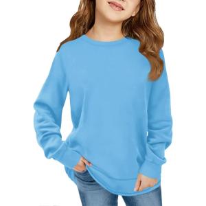 Haloumoning Girls Oversized Long Sleeve Shirts Kids Fashion Crewneck Tunic Tops Curved Hem Tees 7-14 Years(Blue)