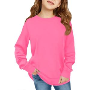 Haloumoning Girls Oversized Long Sleeve Shirts Kids Fashion Crewneck Tunic Tops Curved Hem Tees 7-14 Years(Bright Pink)
