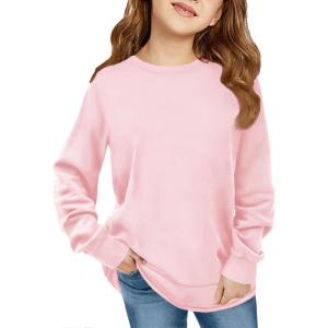 Haloumoning Girls Oversized Long Sleeve Shirts Kids Fashion Crewneck Tunic Tops Curved Hem Tees 7-14 Years(Pink)