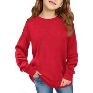 Haloumoning Girls Oversized Long Sleeve Shirts Kids Fashion Crewneck Tunic Tops Curved Hem Tees 7-14 Years(Red)