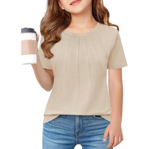 Haloumoning Girls Pleated T Shirts Kids Summer Short Sleeve Fashion Tops Tees 5-14 Years(Beige)