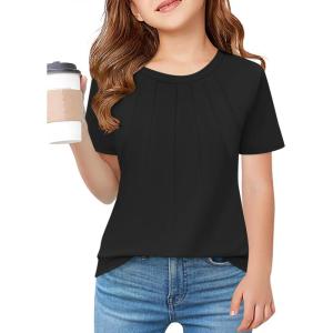 Haloumoning Girls Pleated T Shirts Kids Summer Short Sleeve Fashion Tops Tees 5-14 Years(Black)