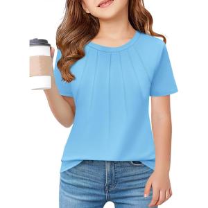 Haloumoning Girls Pleated T Shirts Kids Summer Short Sleeve Fashion Tops Tees 5-14 Years(Blue)