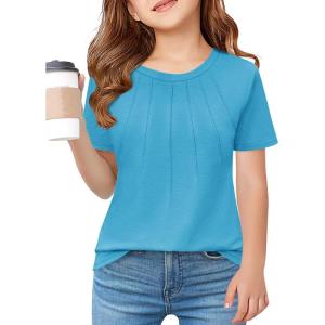 Haloumoning Girls Pleated T Shirts Kids Summer Short Sleeve Fashion Tops Tees 5-14 Years(Bright Blue)