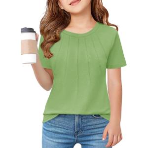 Haloumoning Girls Pleated T Shirts Kids Summer Short Sleeve Fashion Tops Tees 5-14 Years(Grass Green)
