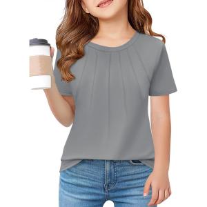 Haloumoning Girls Pleated T Shirts Kids Summer Short Sleeve Fashion Tops Tees 5-14 Years(Grey)