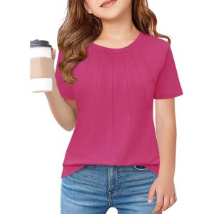 Haloumoning Girls Pleated T Shirts Kids Summer Short Sleeve Fashion Tops Tees 5-14 Years(Hot Pink)