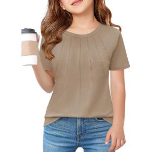 Haloumoning Girls Pleated T Shirts Kids Summer Short Sleeve Fashion Tops Tees 5-14 Years(Khaki)