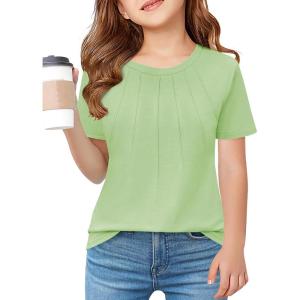 Haloumoning Girls Pleated T Shirts Kids Summer Short Sleeve Fashion Tops Tees 5-14 Years(Light Green)