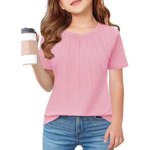 Haloumoning Girls Pleated T Shirts Kids Summer Short Sleeve Fashion Tops Tees 5-14 Years(Pink)
