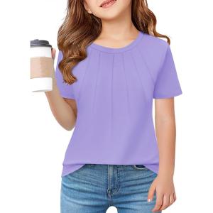 Haloumoning Girls Pleated T Shirts Kids Summer Short Sleeve Fashion Tops Tees 5-14 Years(Purple)